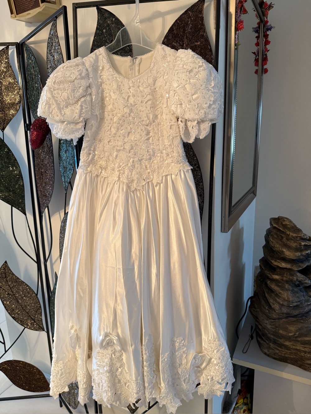 White Beaded Puff-Sleeve Girls' Formal Dress
